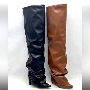 WILD DIVA Black SHAYA Over The Knee Faux Leather Pointed Toe Heel Boots NWOT